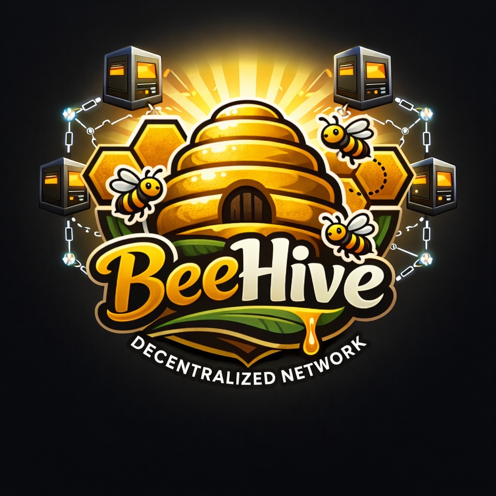 BeeHive decentralized network logo showing servers connected around a hive